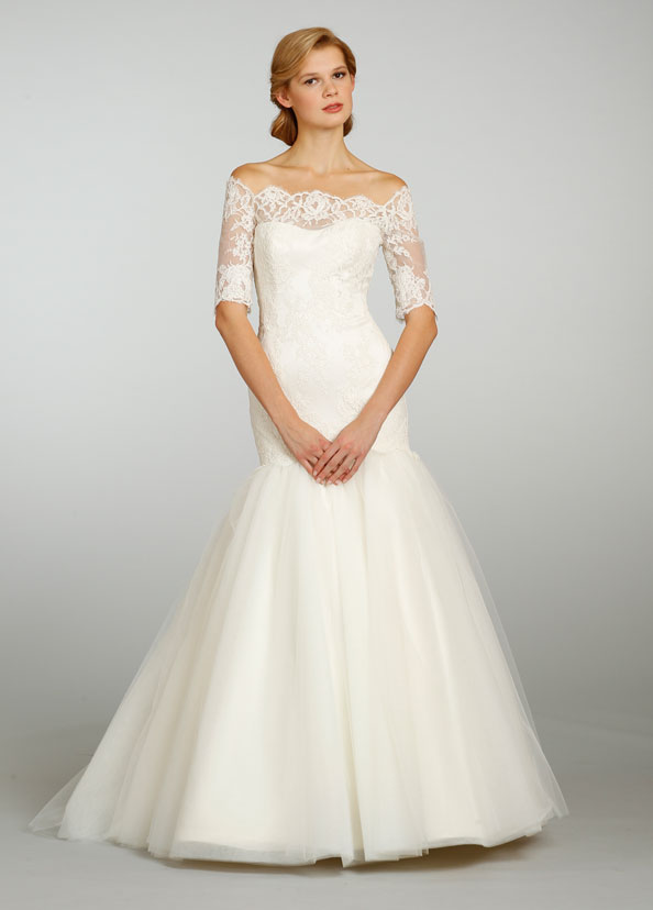Bridal Ball gown, Alencon lace elongated bodice with three quarter ...